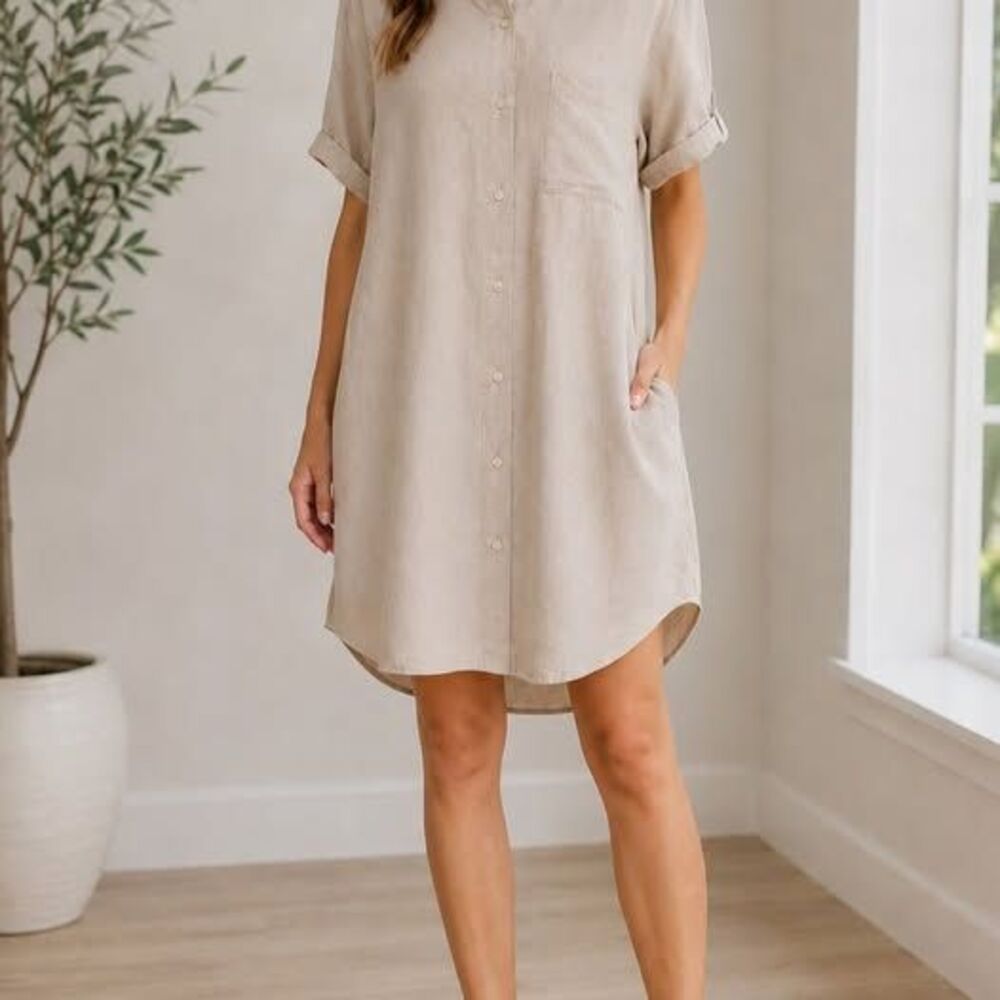Old Navy Beige Linen Blend Shirt Dress XL Button Front Pockets Cover Up Vacation